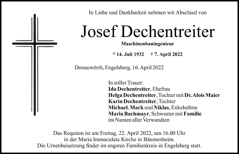 Traueranzeige von Josef Dechentreiter von Donauwörther Zeitung