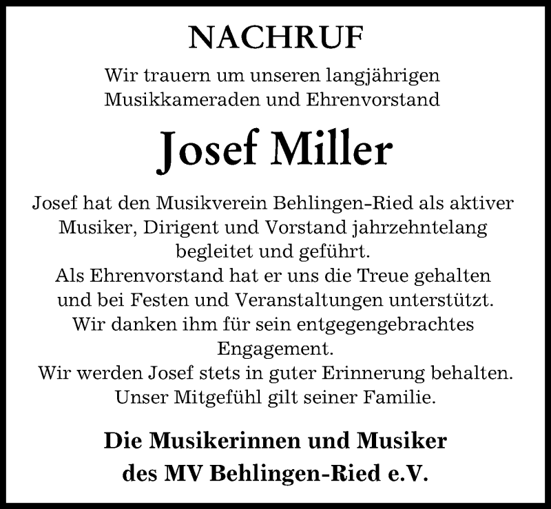 Traueranzeige von Josef Miller von Mittelschwäbische Nachrichten, Günzburger Zeitung