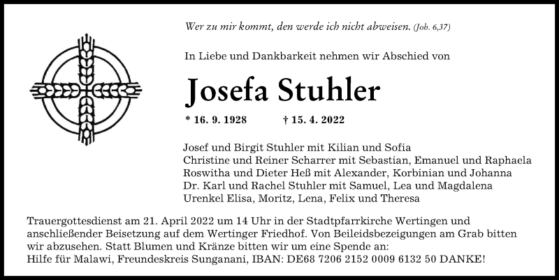 Traueranzeige von Josefa Stuhler von Wertinger Zeitung