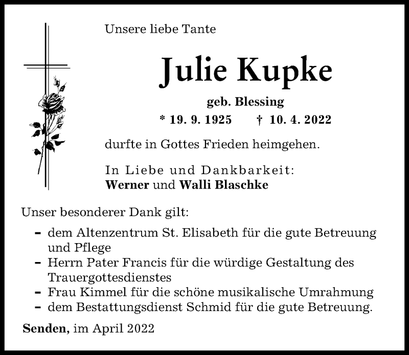 Traueranzeige von Julie Kupke von Neu-Ulmer Zeitung