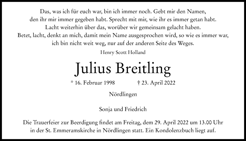  Traueranzeige für Julius Breitling vom 27.04.2022 aus Rieser Nachrichten