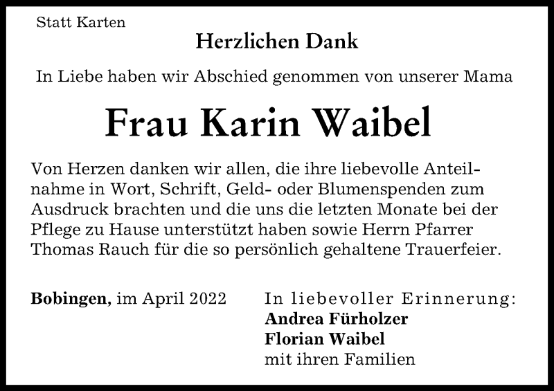  Traueranzeige für Karin Waibel vom 09.04.2022 aus Schwabmünchner Allgemeine