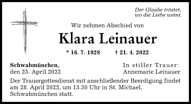 Traueranzeige von Klara Leinauer von Schwabmünchner Allgemeine