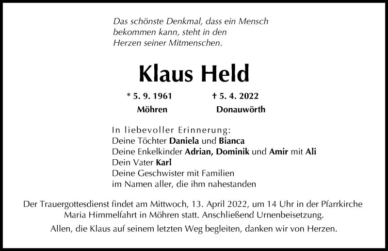 Traueranzeige von Klaus Held von Donauwörther Zeitung