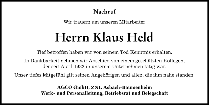 Traueranzeige von Klaus Held von Donauwörther Zeitung