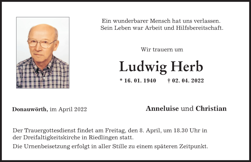 Traueranzeige von Ludwig Herb von Donauwörther Zeitung