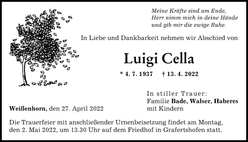 Traueranzeige von Luigi Cella von Neu-Ulmer Zeitung