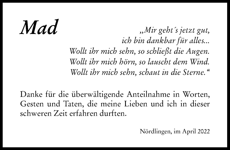 Traueranzeige von Mad  von Rieser Nachrichten