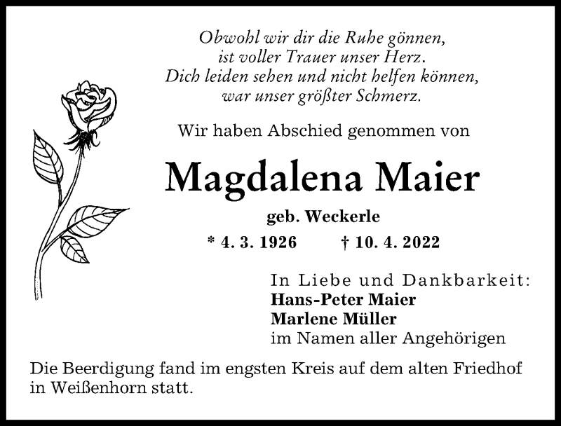 Traueranzeigen von Magdalena Maier | Augsburger Allgemeine Zeitung