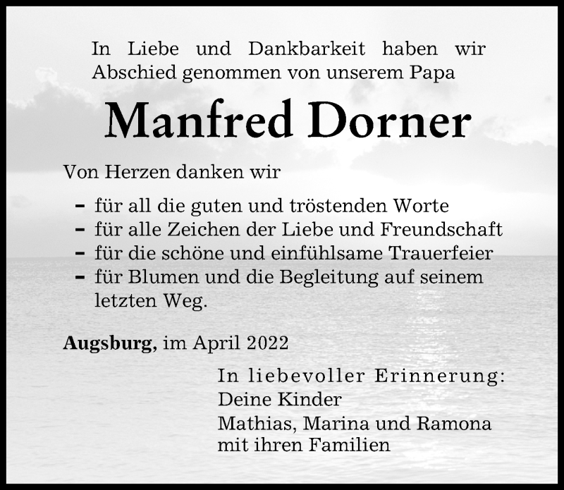 Traueranzeige von Manfred Dorner von Augsburger Allgemeine