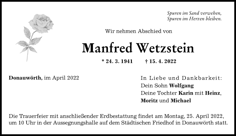 Traueranzeige von Manfred Wetzstein von Donauwörther Zeitung