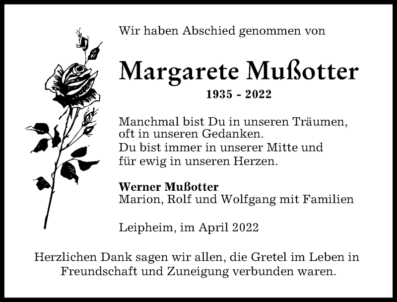 Traueranzeige von Margarete Mußotter von Günzburger Zeitung