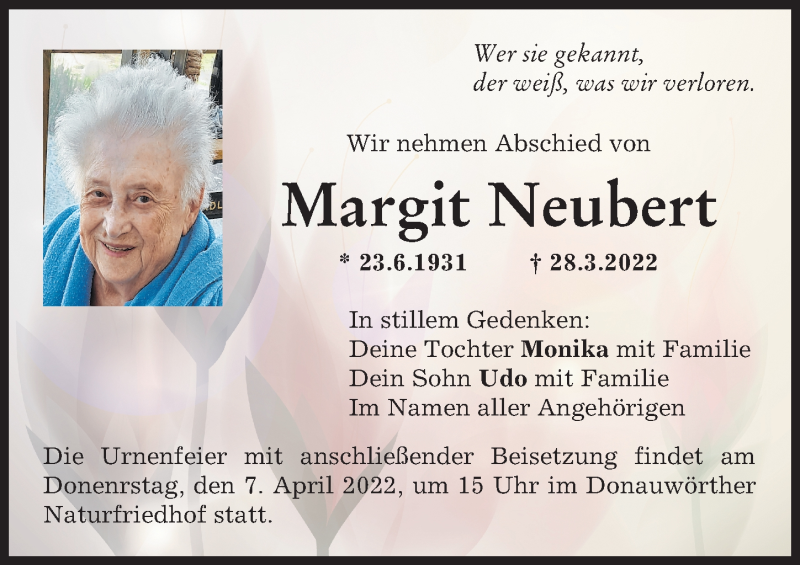 Traueranzeige von Margit Neubert von Donauwörther Zeitung