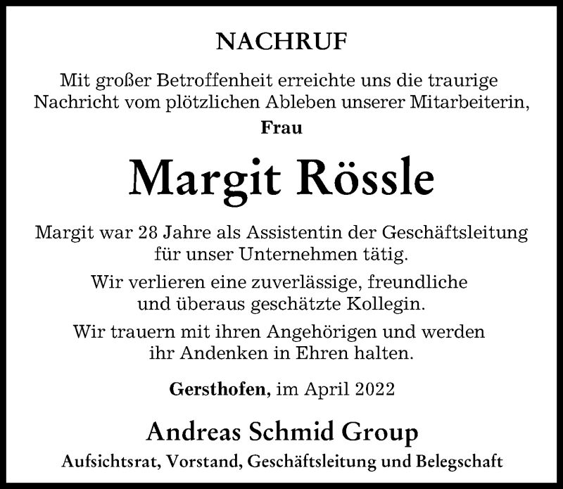 Traueranzeige von Margit Rössle von Augsburger Allgemeine