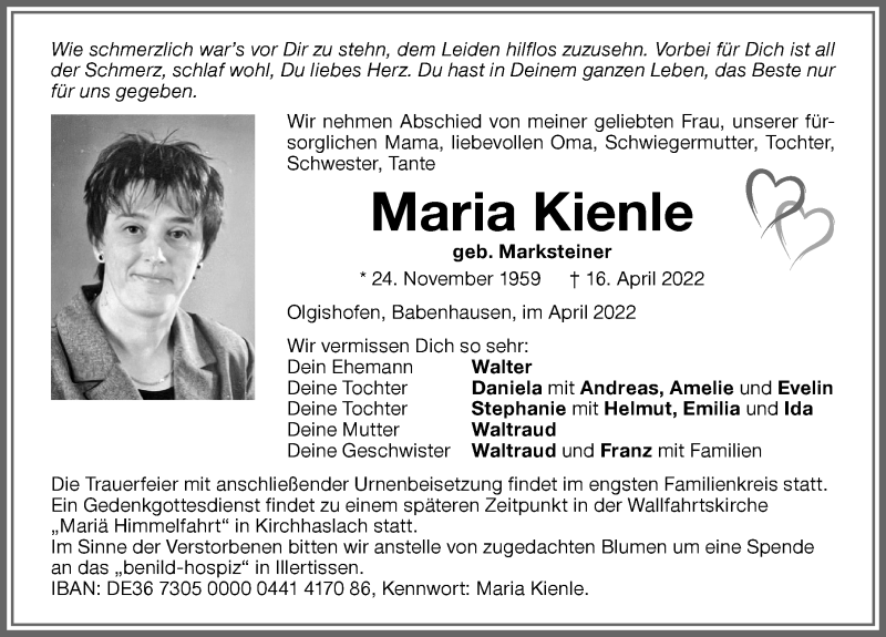  Traueranzeige für Maria Kienle vom 27.04.2022 aus Illertisser Zeitung, Augsburger Allgemeine