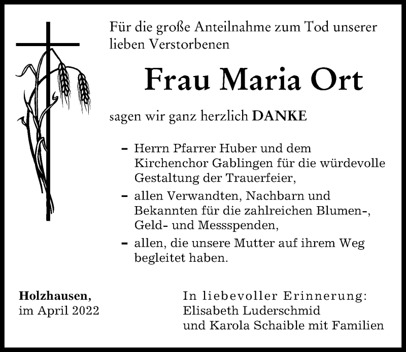 Traueranzeige von Maria Ort von Augsburger Allgemeine