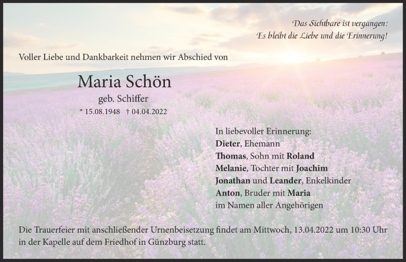  Traueranzeige für Maria Schön vom 09.04.2022 aus Günzburger Zeitung