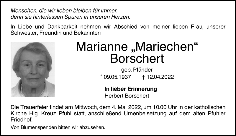 Traueranzeige von Marianne Borschert von Augsburger Allgemeine, Neu-Ulmer Zeitung