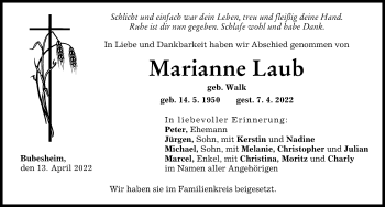 Traueranzeige von Marianne Laub von Günzburger Zeitung