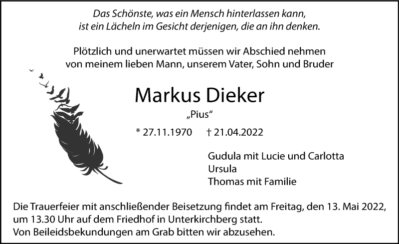 Traueranzeige von Markus Dieker von Augsburger Allgemeine, Neu-Ulmer Zeitung