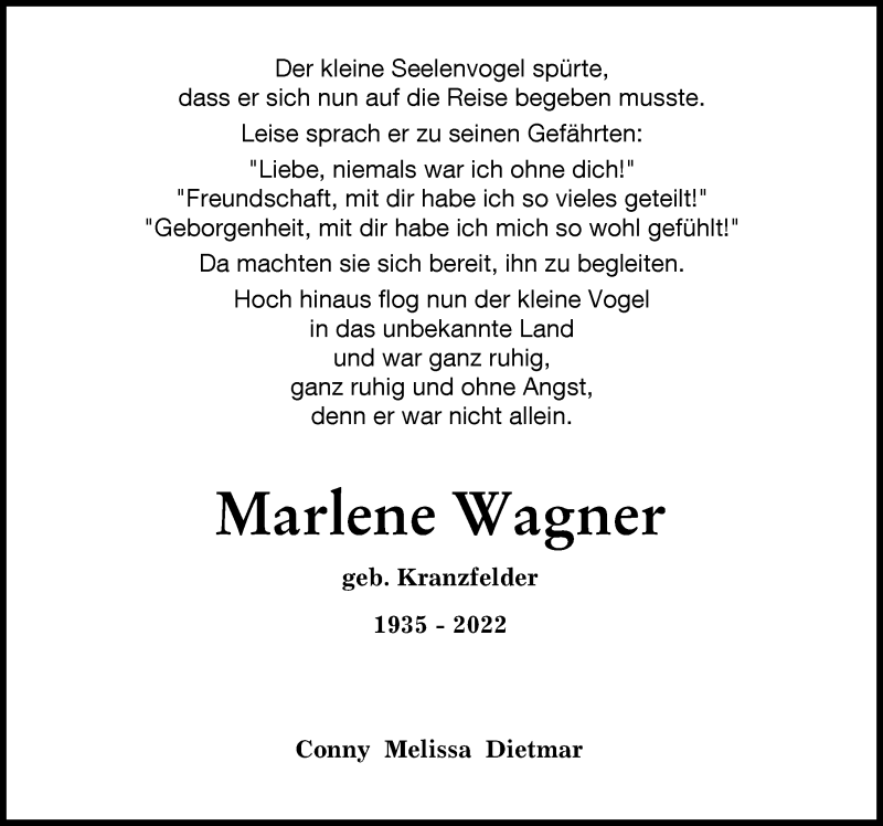 Traueranzeige von Marlene Wagner von Schwabmünchner Allgemeine