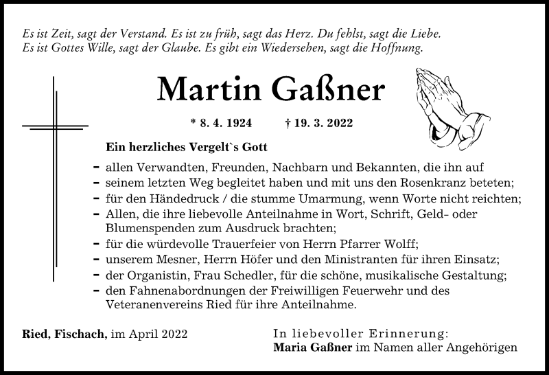  Traueranzeige für Martin Gaßner vom 02.04.2022 aus Augsburg-Land