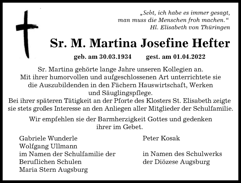 Traueranzeigen Von Martina Josefine Hefter | Augsburger Allgemeine Zeitung