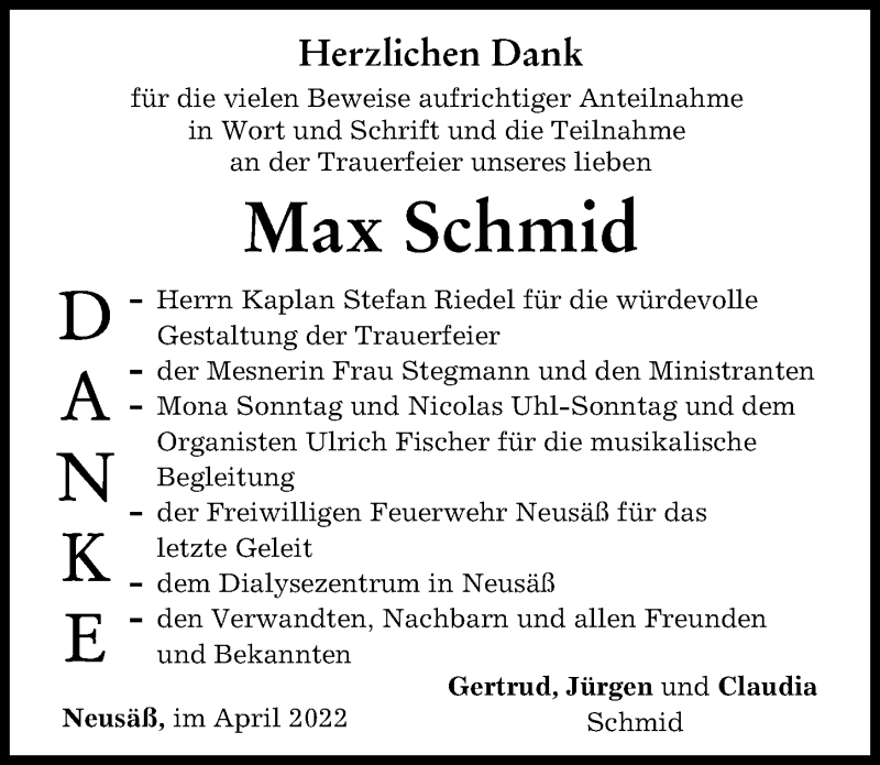 Traueranzeigen Von Max Schmid Augsburger Allgemeine Zeitung