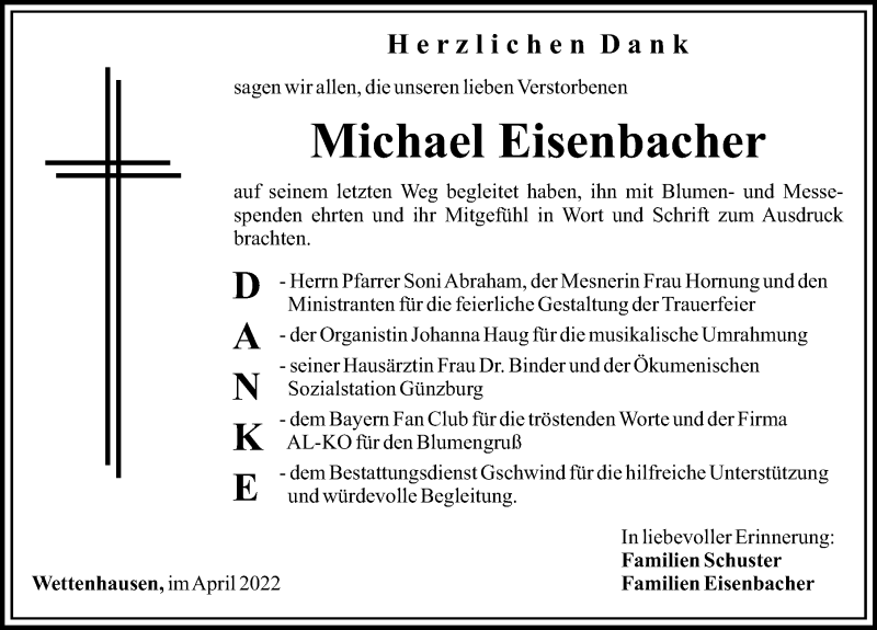 Traueranzeige von Michael Eisenbacher von Günzburger Zeitung