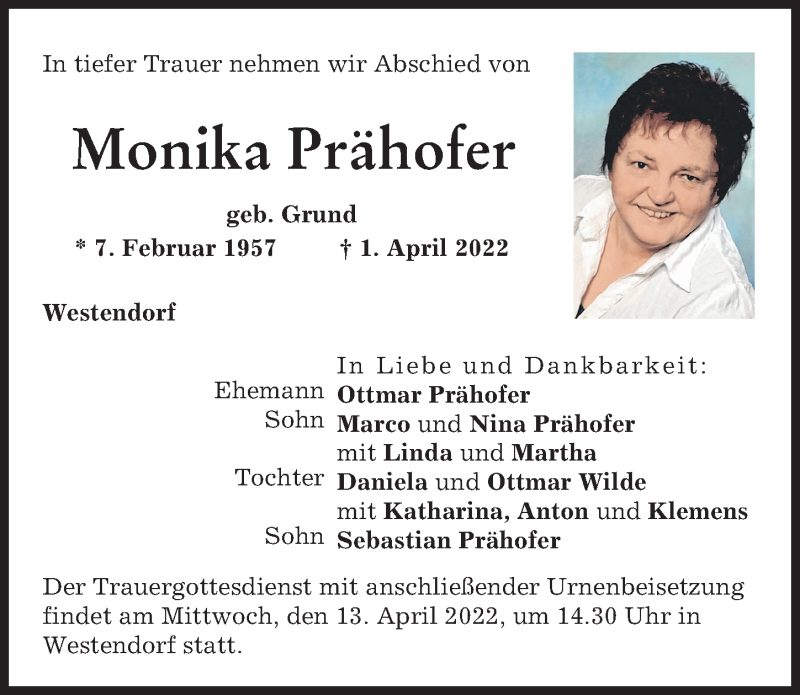 Traueranzeige von Monika Prähofer von Augsburg-Land
