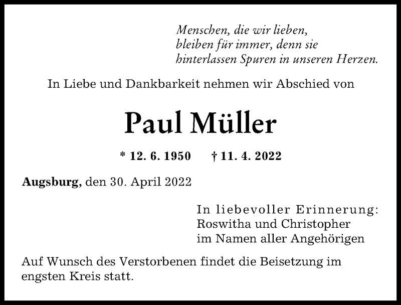  Traueranzeige für Paul Müller vom 30.04.2022 aus Augsburger Allgemeine