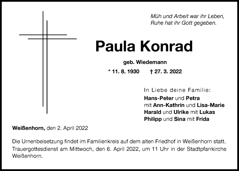 Traueranzeige von Paula Konrad von Neu-Ulmer Zeitung