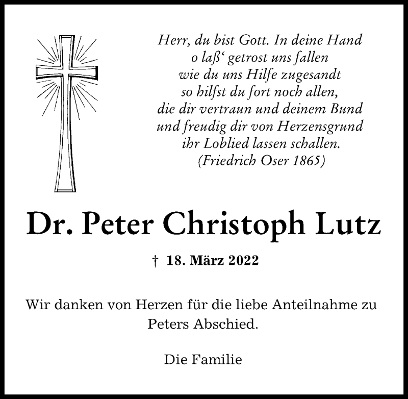 Traueranzeige von Peter Christoph Lutz von Landsberger Tagblatt