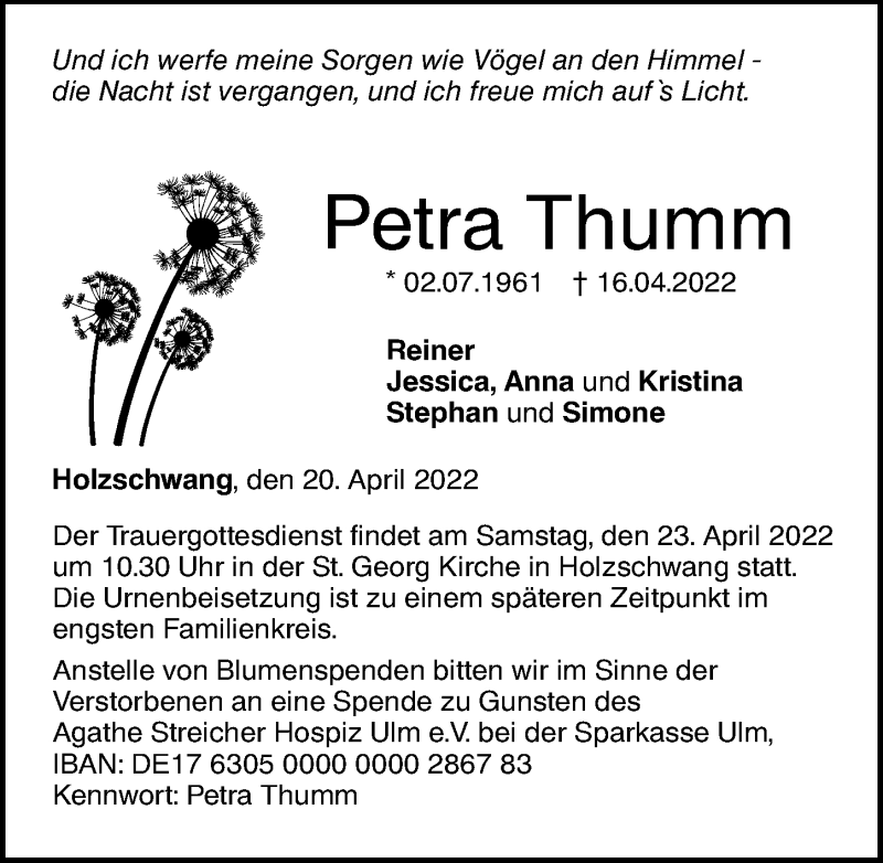 Traueranzeige von Petra Thumm von Augsburger Allgemeine, Neu-Ulmer Zeitung