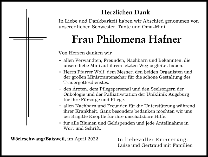  Traueranzeige für Philomena Hafner vom 02.04.2022 aus Augsburg-Land