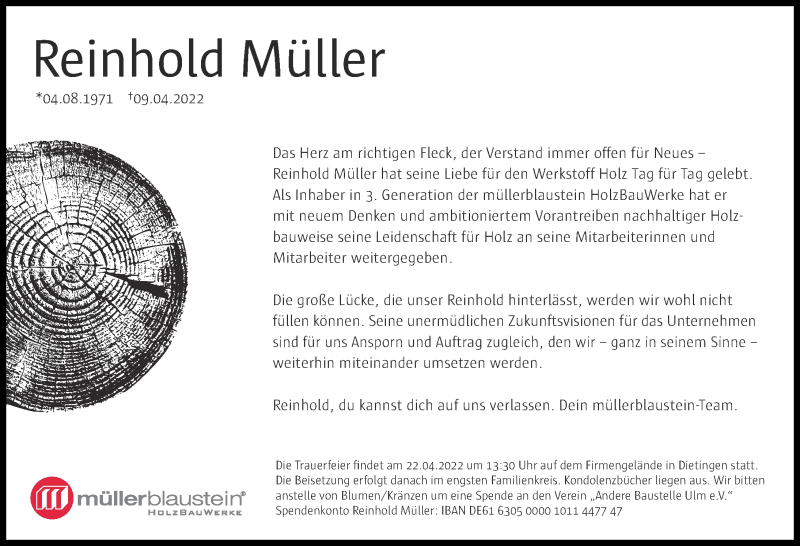 Traueranzeige von Reinhold Müller von Neu-Ulmer Zeitung