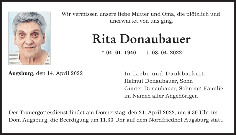 Traueranzeige von Rita Donaubauer von Augsburger Allgemeine