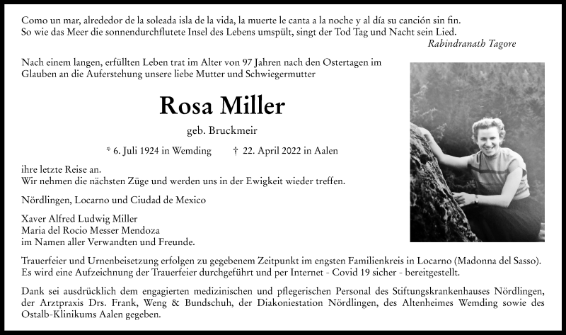 Traueranzeige von Rosa Miller von Rieser Nachrichten