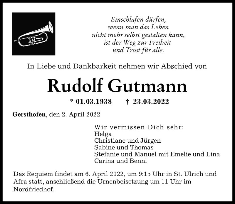 Traueranzeige von Rudolf Gutmann von Augsburger Allgemeine