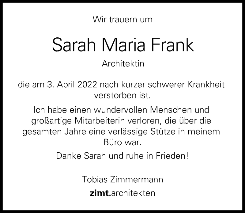  Traueranzeige für Sarah Maria Frank vom 13.04.2022 aus Landsberger Tagblatt