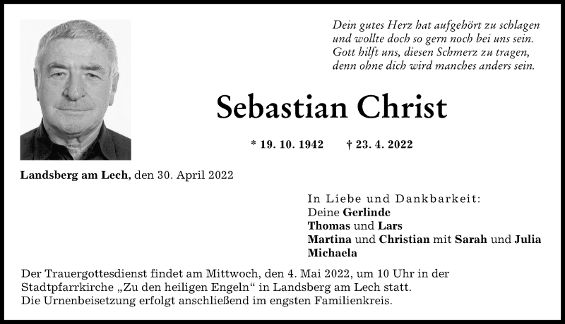 Traueranzeige von Sebastian Christ von Landsberger Tagblatt