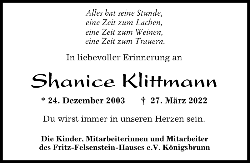  Traueranzeige für Shanice Klittmann vom 09.04.2022 aus Augsburger Allgemeine