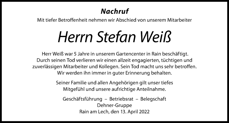  Traueranzeige für Stefan Weiß vom 13.04.2022 aus Donauwörther Zeitung
