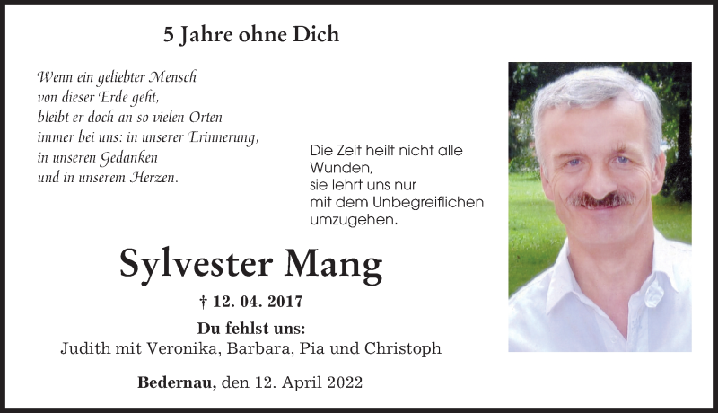  Traueranzeige für Sylvester Mang vom 12.04.2022 aus Mindelheimer Zeitung