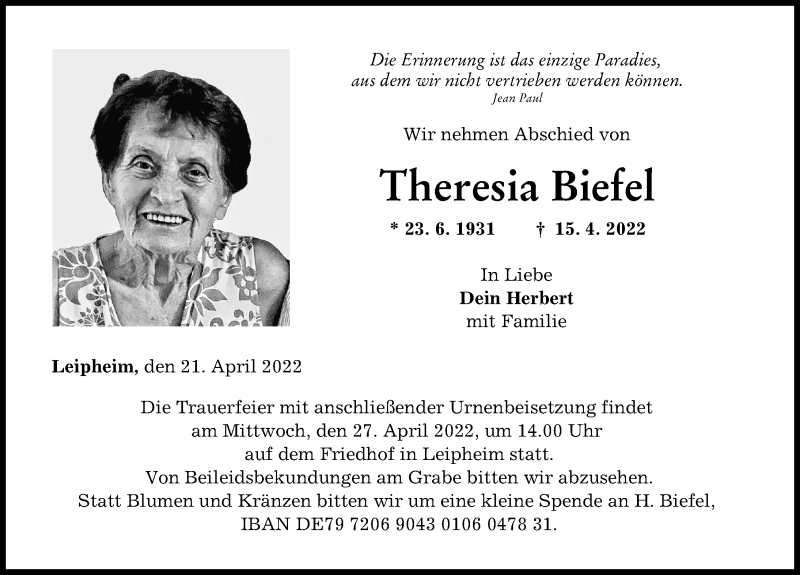  Traueranzeige für Theresia Biefel vom 21.04.2022 aus Günzburger Zeitung