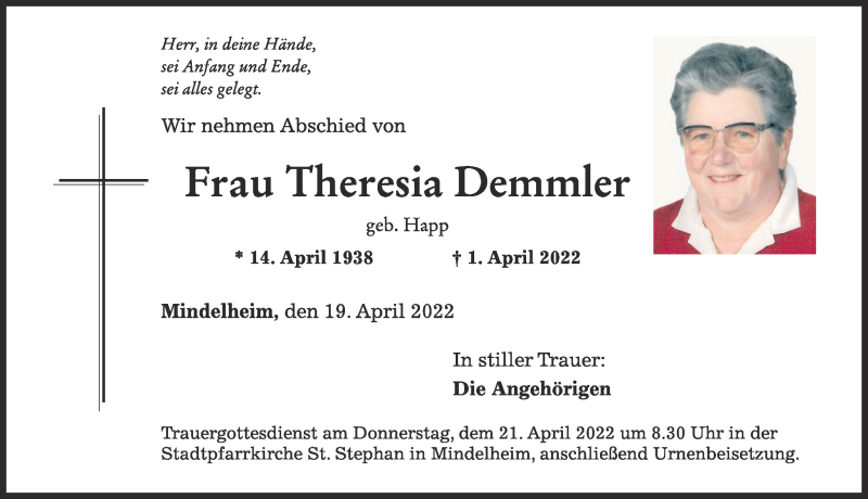  Traueranzeige für Theresia Demmler vom 19.04.2022 aus Mindelheimer Zeitung