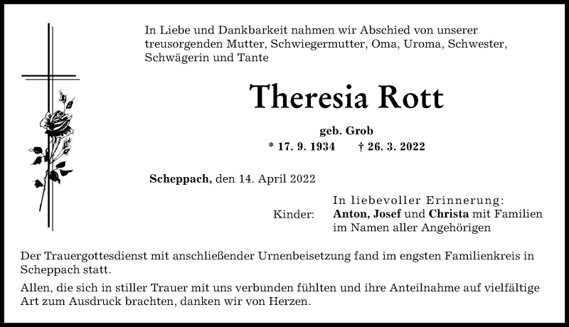 Traueranzeigen von Theresia Rott | Augsburger Allgemeine Zeitung