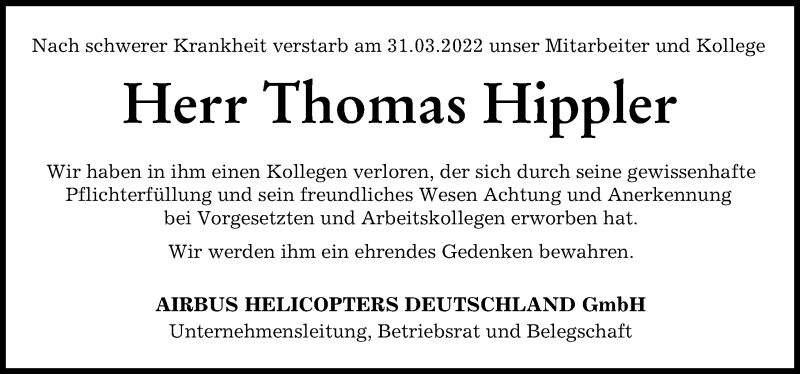 Traueranzeige von Thomas Hippler von Donauwörther Zeitung