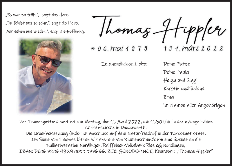  Traueranzeige für Thomas Hippler vom 07.04.2022 aus Donauwörther Zeitung