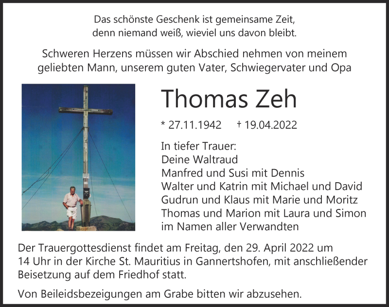 Traueranzeige von Thomas Zeh von Illertisser Zeitung